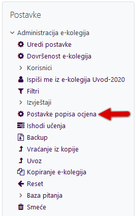 Izbornik Postavke - izvoz ocjena