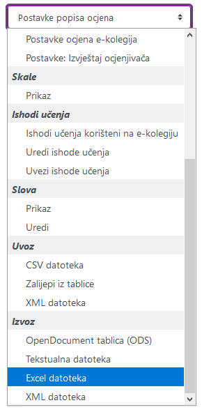 Izvoz ocjena - odabir Excel formata
