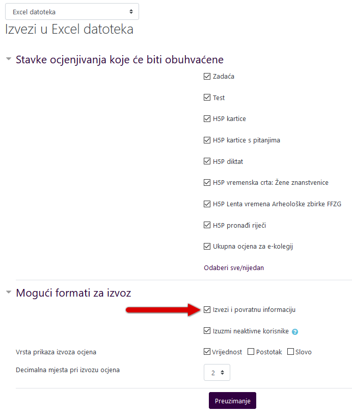 Odabir izvoza stavki za ocjenjivanje i povratnih informacija